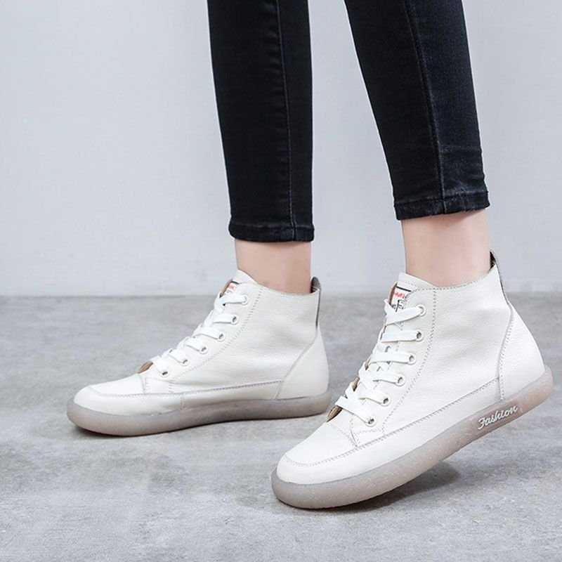 Size:4.5-9 Women Leisure Retro High Top Leather Flat Sneakers Shoes