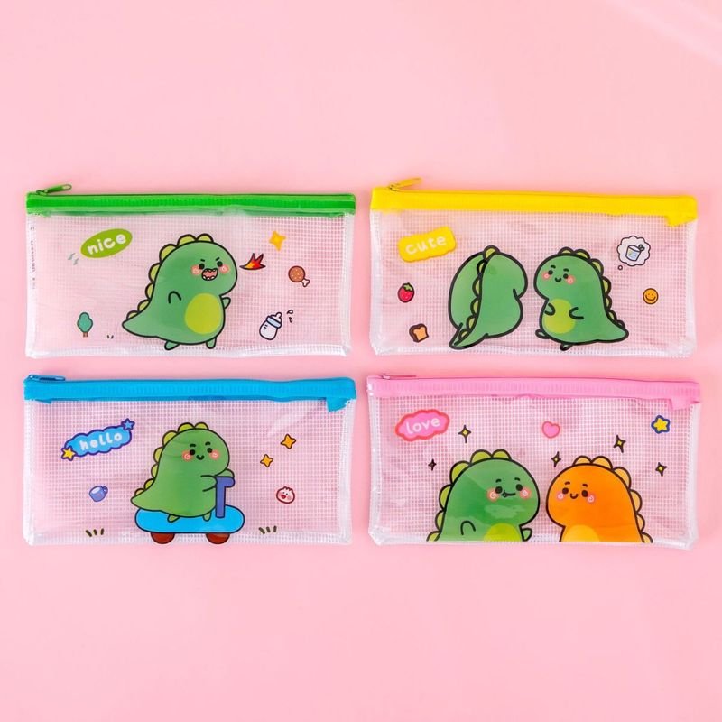 Simple Cartoon Large Capacity Transparent Mesh Zipper Pencil Bag