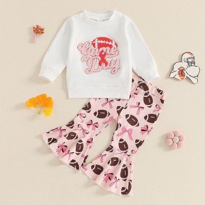 Kids Toddler Girls Casual Cute Alphabet Rugby Long Sleeve Sweatshirts Flare Trousers Sets