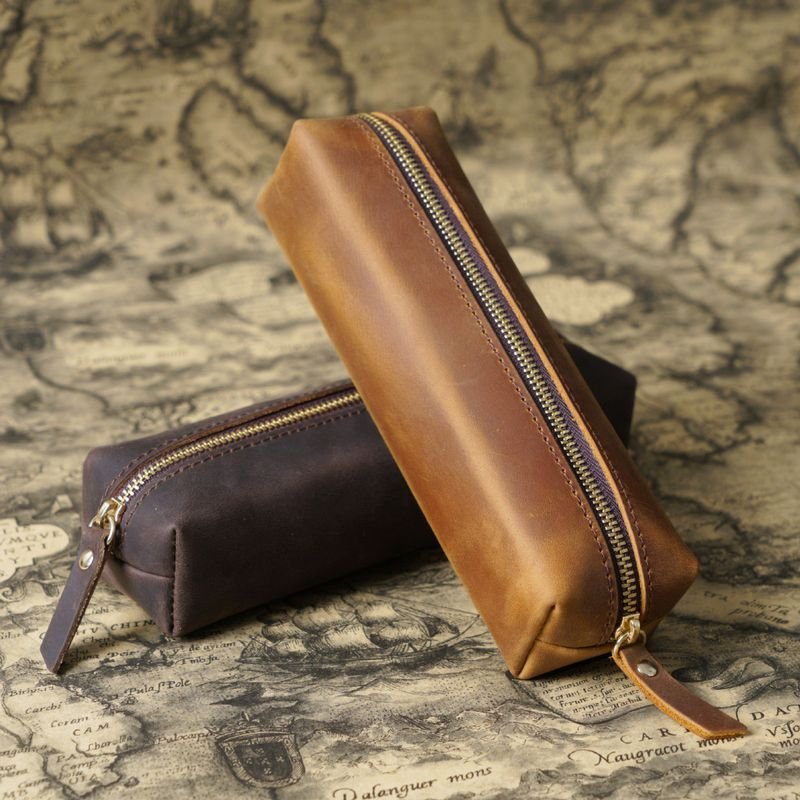 Simple First Layer Cowhide Zipper Pencil Case