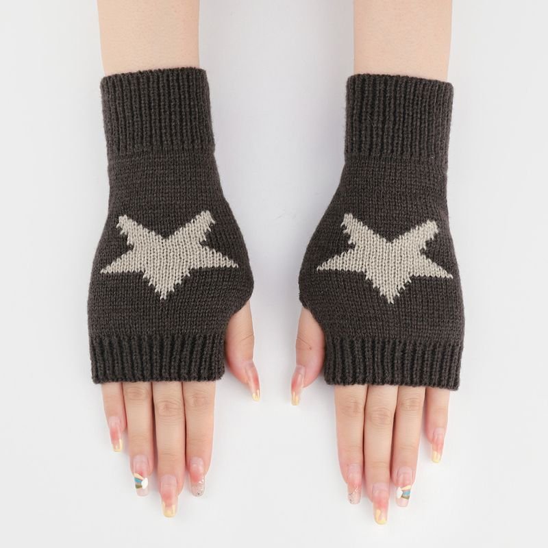 Autumn Winter Women Fashion Star Double-Layer Knitted Wool Half-Finger Gloves