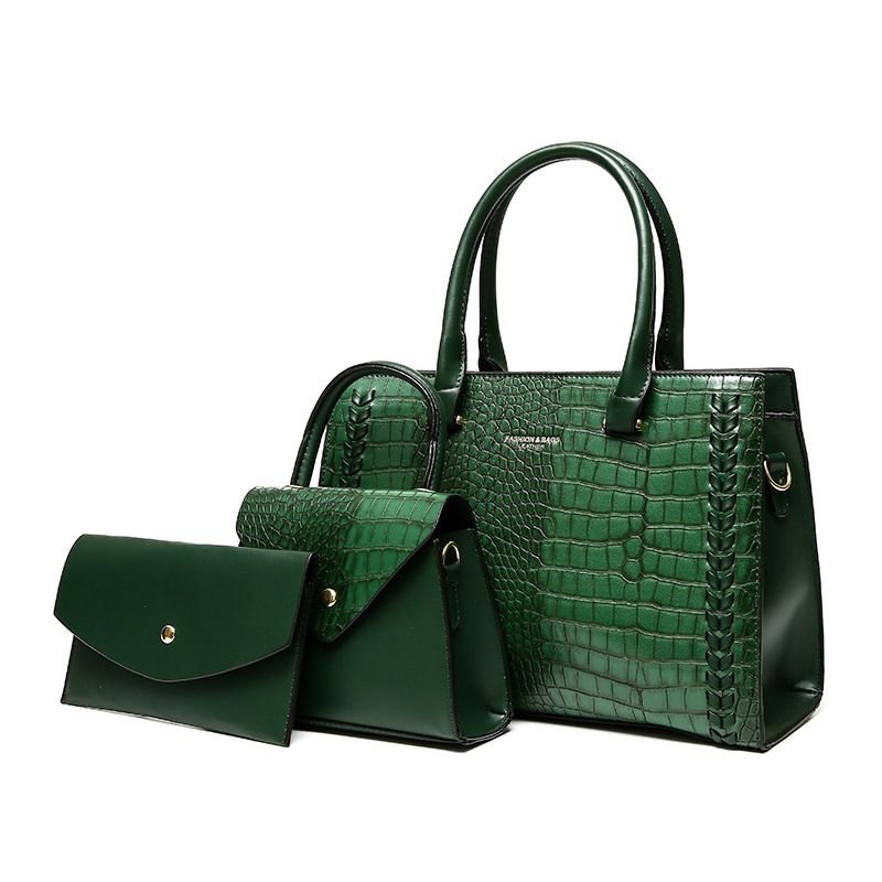 Women Fashion Solid Color Crocodile Print Large Capacity Handbags Set