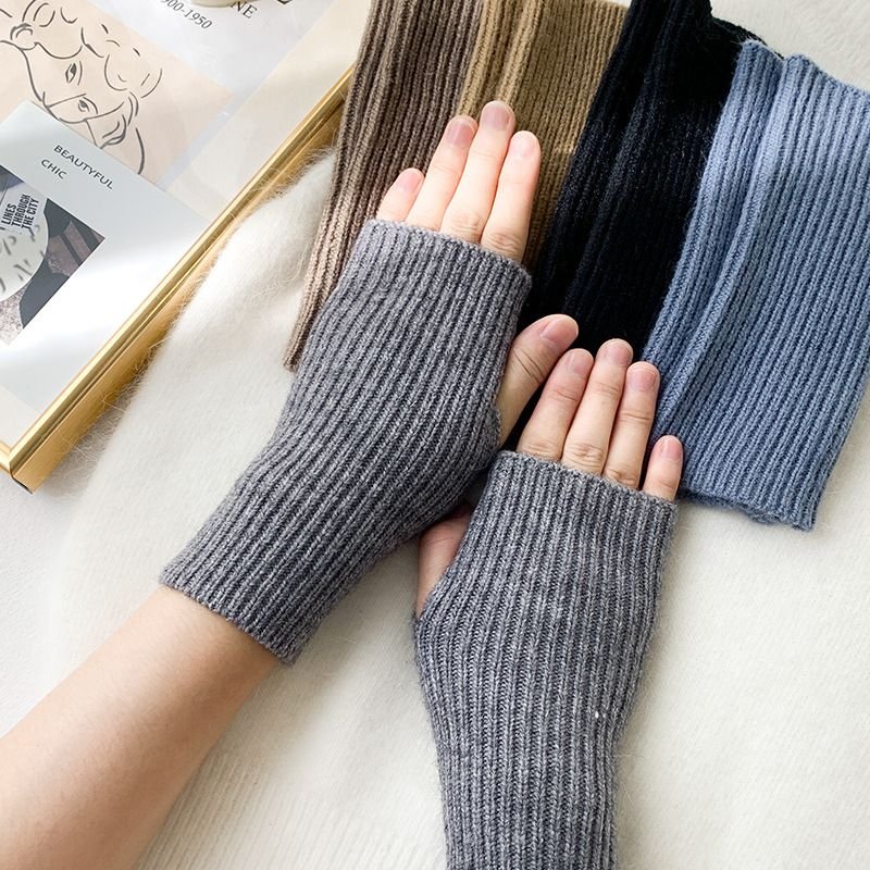 Autumn Winter Women Simple Solid Color Vertical Strip Knitted Wool Half-Finger Gloves