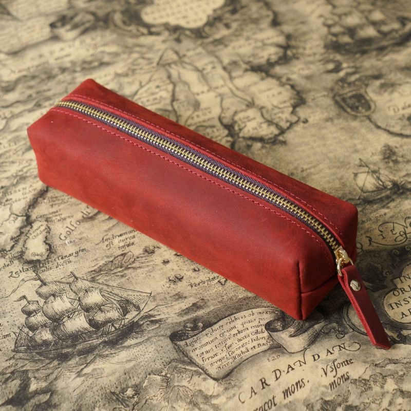 Simple First Layer Cowhide Zipper Pencil Case