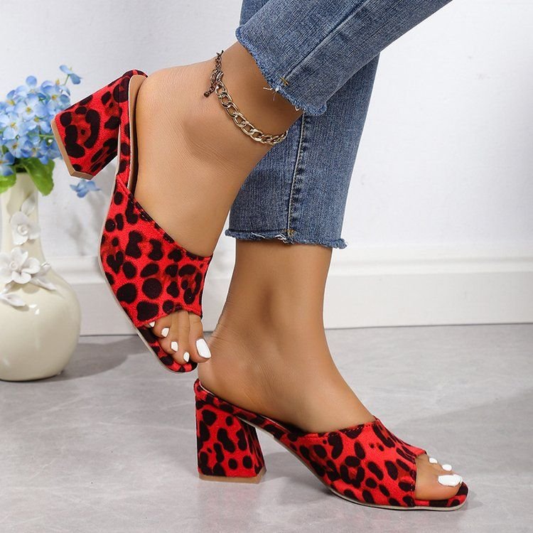 Women Fashion Plus Size Leopard Print Open Toe Suede High Heel Slippers