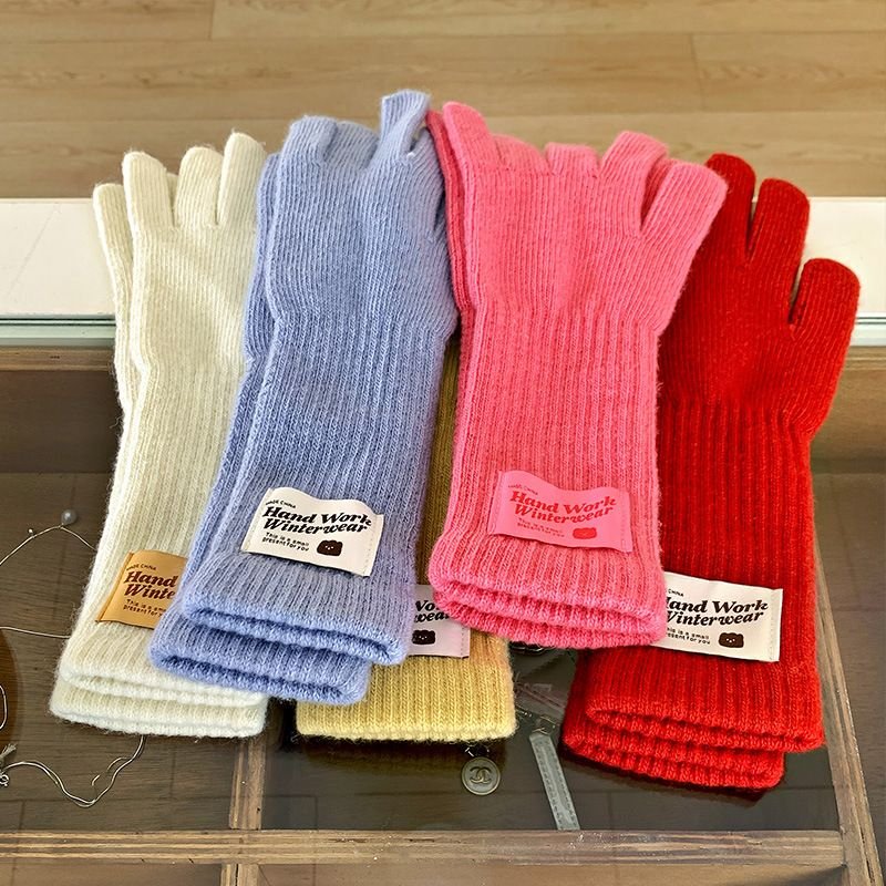 Autumn Winter Women Fashion Solid Color Thickened Warm Touch Screen Knitted Wool Gloves