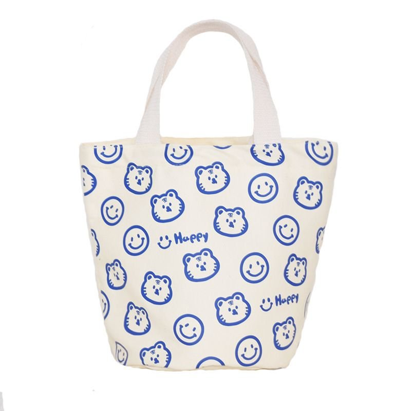 Simple Cartoon Bear Head Smiley Print Canvas Shopping Bag