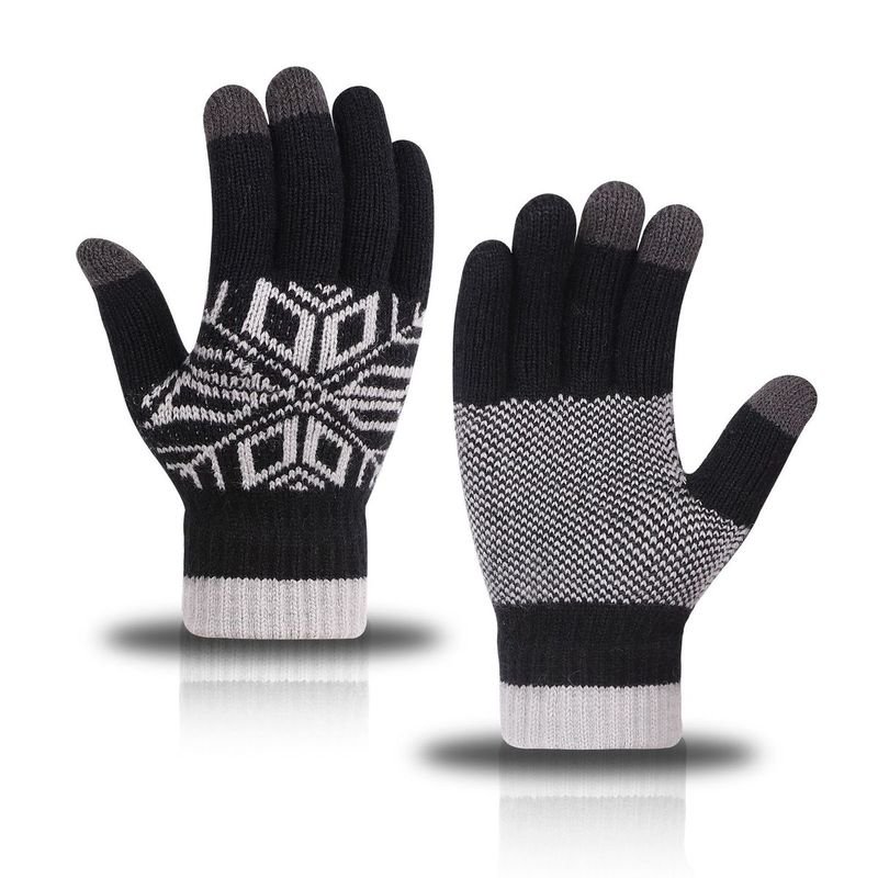 Autumn Winter Men Fashion Warm Fleece-Lined Thick Knitted Snowflake Gloves