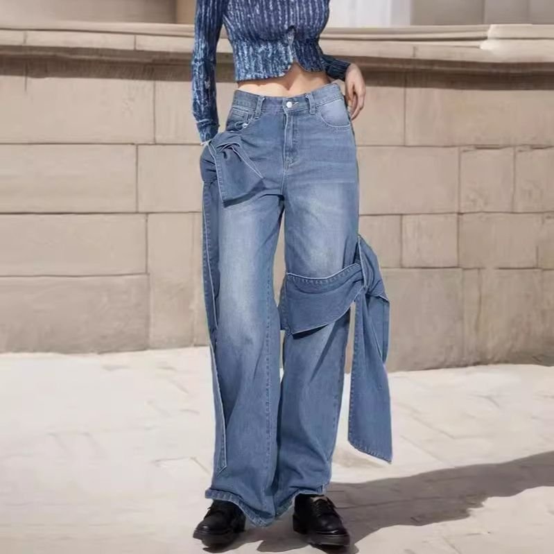 Women Fashion High Waist Bow Strap Decorative Jeans