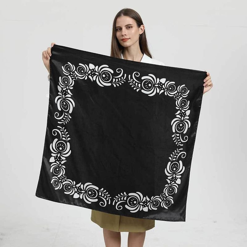 Women Simple Black White Geometric Letter Floral Print Satin Square Scarf