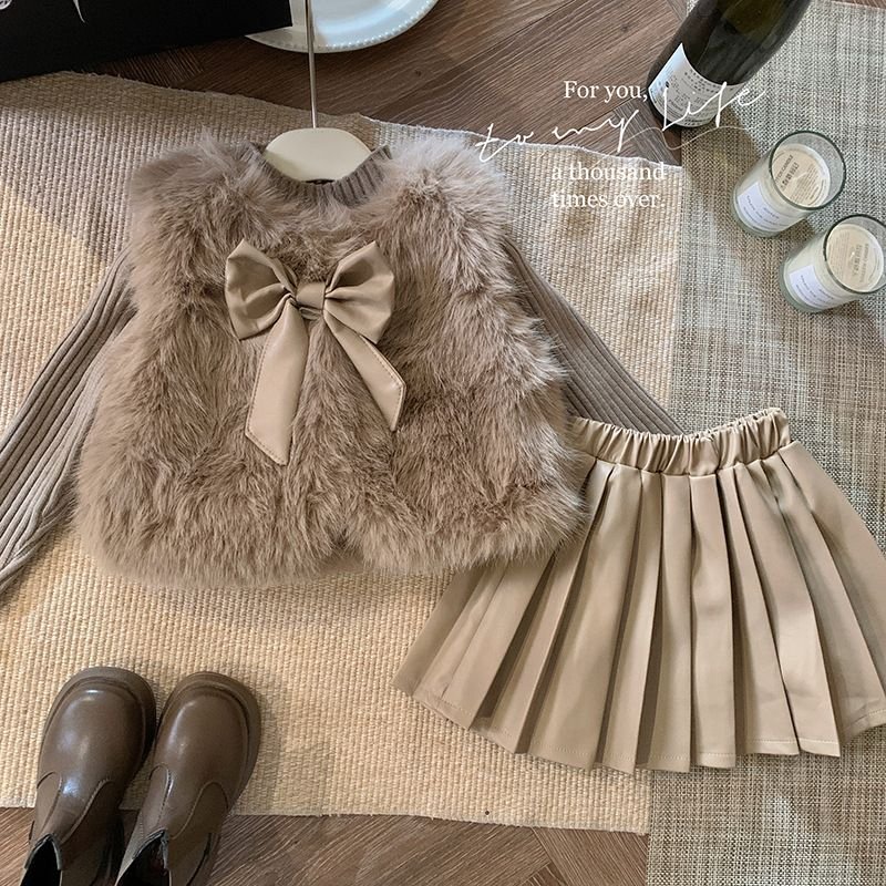 Kids Toddler Girls Autumn Winter Fashion Casual Bow Plush Vest Long Sleeve Top Tennis Skirt Three-Piece Set