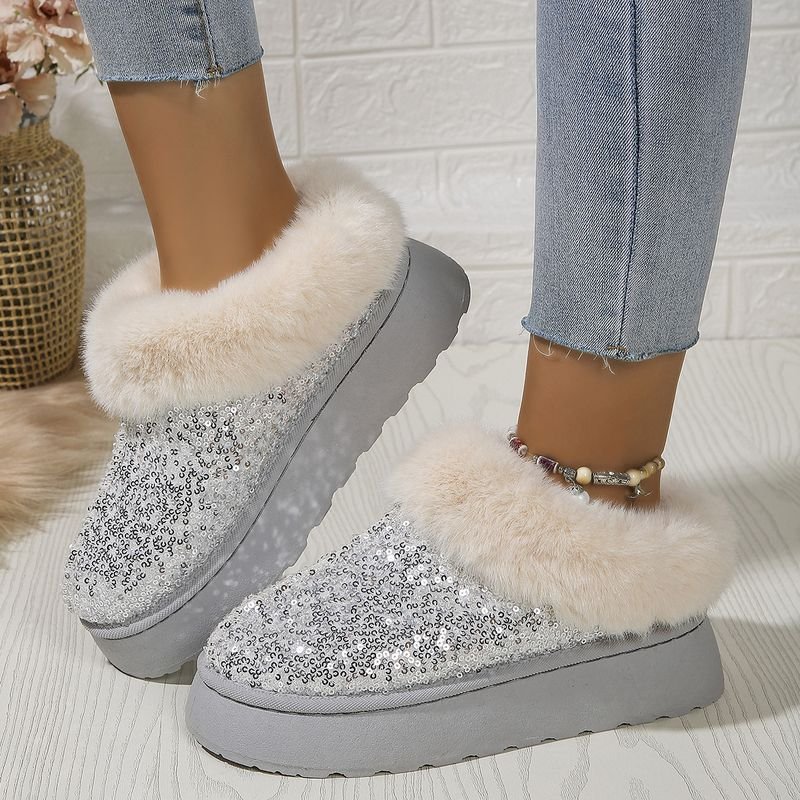 Autumn Winter Women Fashion Plus Size Plush Warm Sequins Thick-Soled Snow Boots