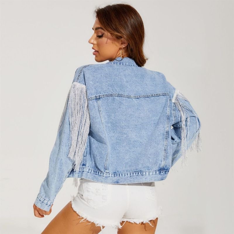 Women Fashion Tassel Lapel Long Sleeve Denim Coat