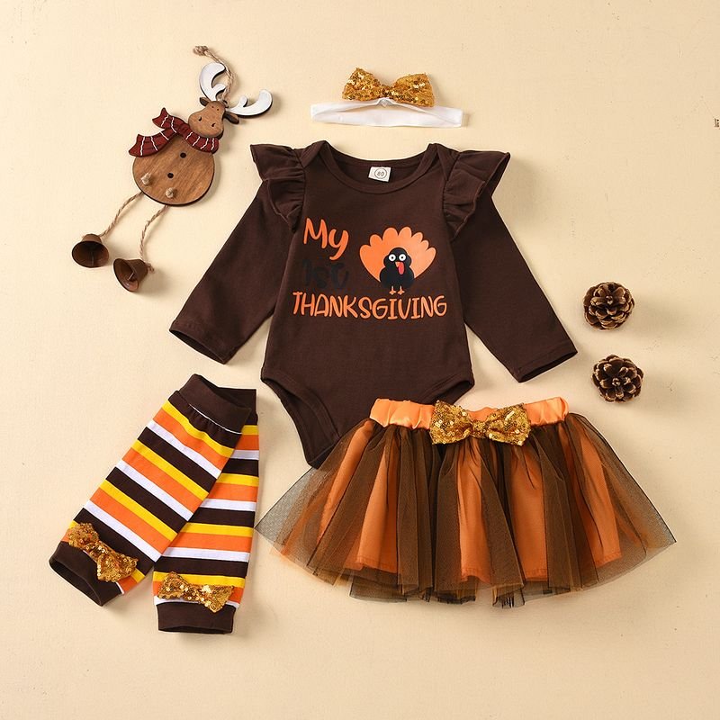 Kids Baby Girls Casual Cute Thanksgiving Turkey Alphabet Print Long Sleeve Romper Mesh Skirt Sets