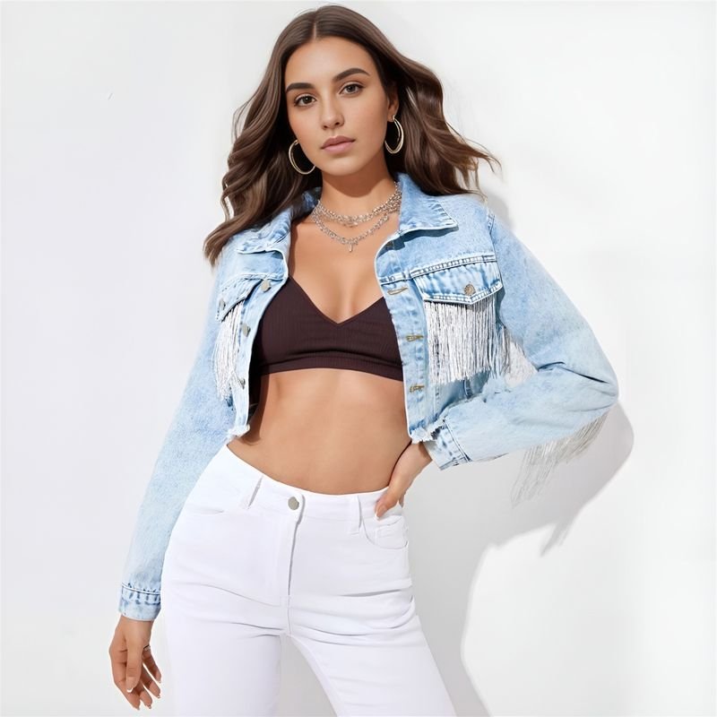 Women Fashion Fringed Crop Denim Coat