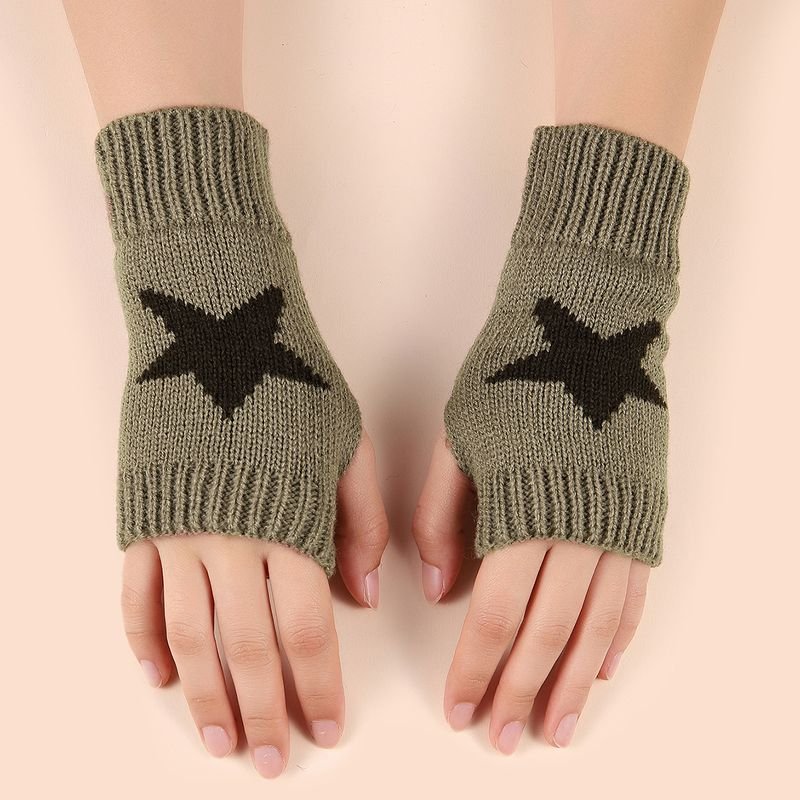 Autumn Winter Women Fashion Star Double-Layer Knitted Wool Half-Finger Gloves