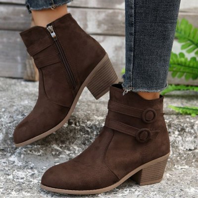 Autumn Winter Women Vintage Plus Size Belt Buckle Side Zipper Chunky Heel Short Boots