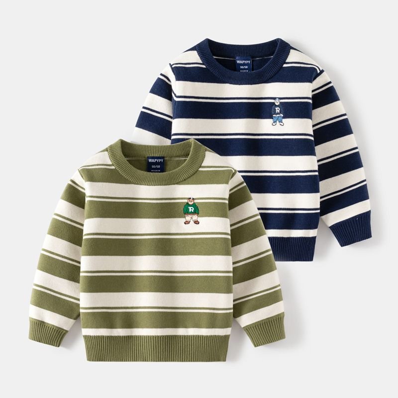 Kids Toddler Boys Casual Cute Stripe Long Sleeve Round Neck Knitwear Sweater