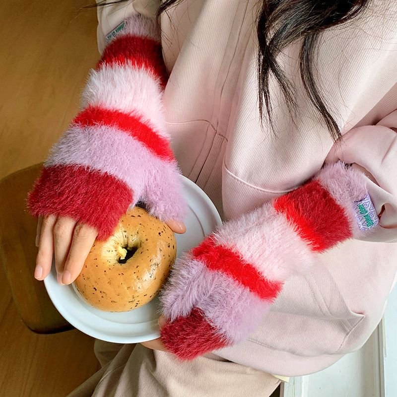 Autumn Winter Women Fashion Rainbow Warm Knitted Half Finger Gloves