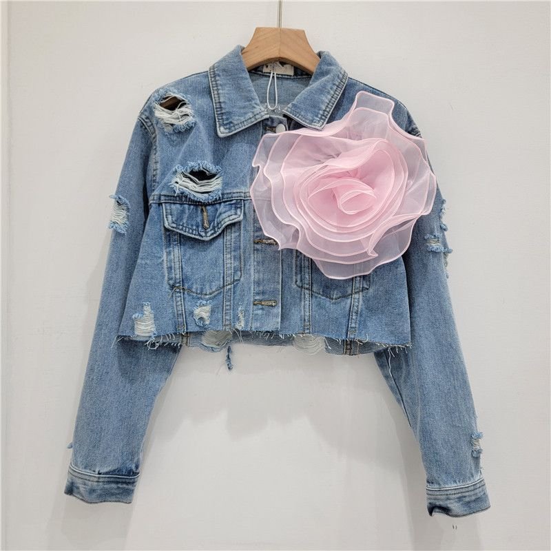 Fashion Creative Three-Dimensional Floral Personality Hole Denim Coat