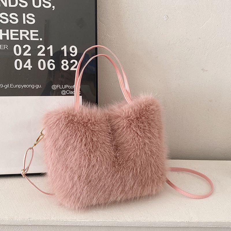 Autumn Winter Women Simple Solid Color Plush Handle Shoulder Bag