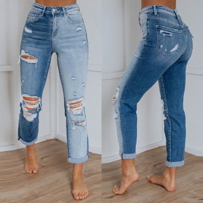 Vintage Fashion Women Washed Gradient Straight Raw Hem Ripped Jeans