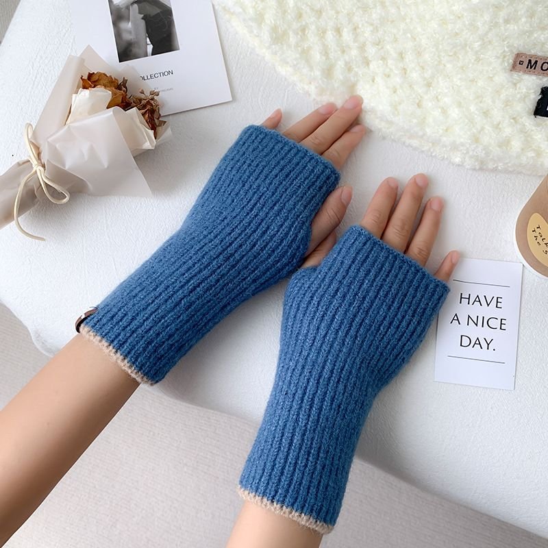 Autumn Winter Women Simple Solid Color Thickened Warm Half Finger Gloves