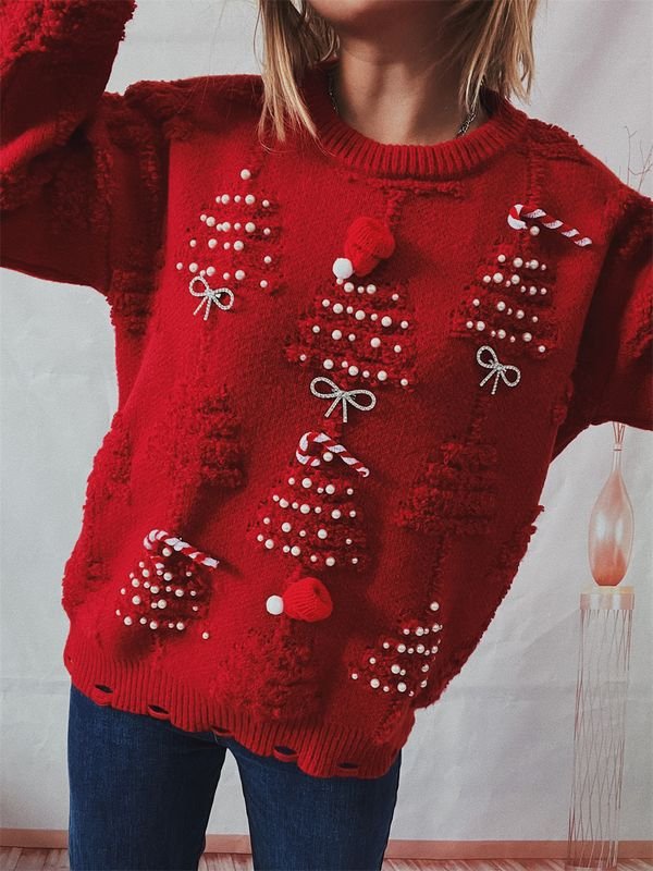 Autumn Winter Women Fashion Pearl Christmas Tree Decoration Round Neck Long Sleeve Knitted Sweater