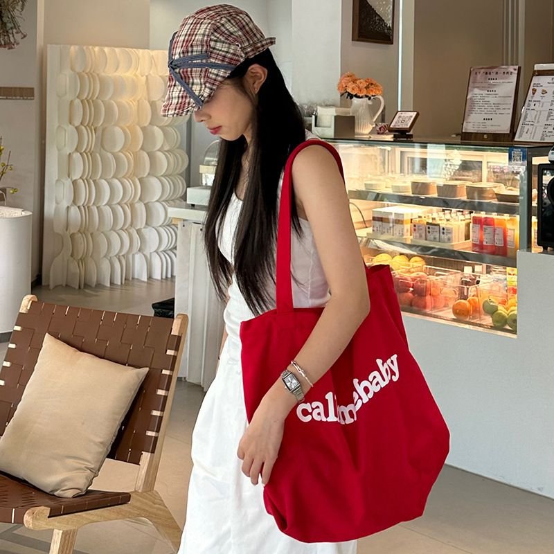 Women Simple Solid Color Letter Printing Large Capacity Canvas Shopping Bag